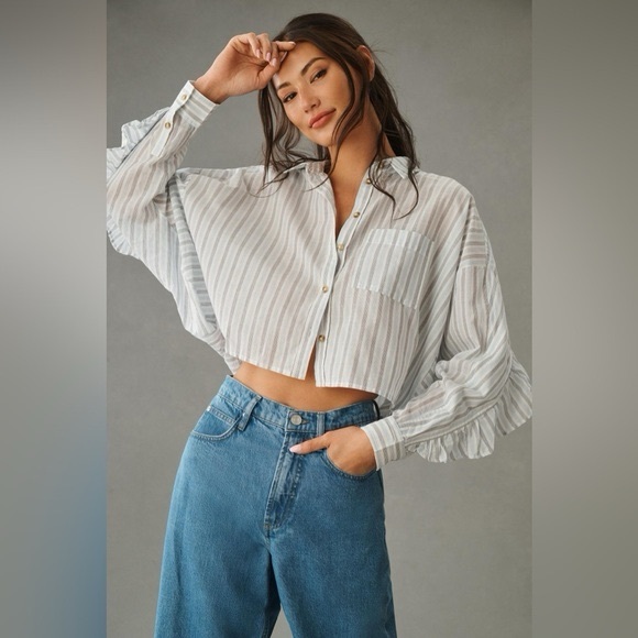 Pilcro Tops - Anthropologie Pilcro batwing cropped stripe Button down blue white  XL ruffle